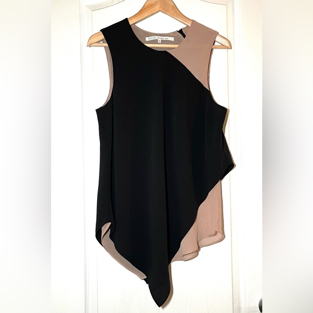 RACHEL Rachel Roy Black & Beige Asymmetrical Sleeveless Top Size L Colorblock